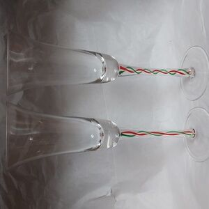 Pier 1 Twisted Green/Red/White Ribbon Champagne Flutes Set Off 2.